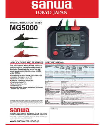 Digital Mid-Range Megohmmeter Electrical Insulation Resistance Tester SANWA HG561/MG1000/MG5000 Handheld Series LCD Display