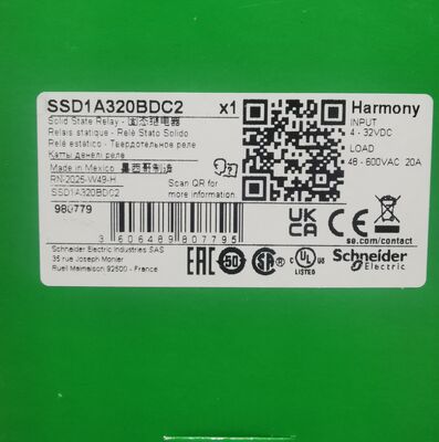 Schneider Electric SSD1A320BDC2 Solid State Relay SSR DIN Rail Mount 20A Prąd obciążeniowy 48-600V Prąd przemienny Wyjście 4-32V Kontrola prądu stałego
